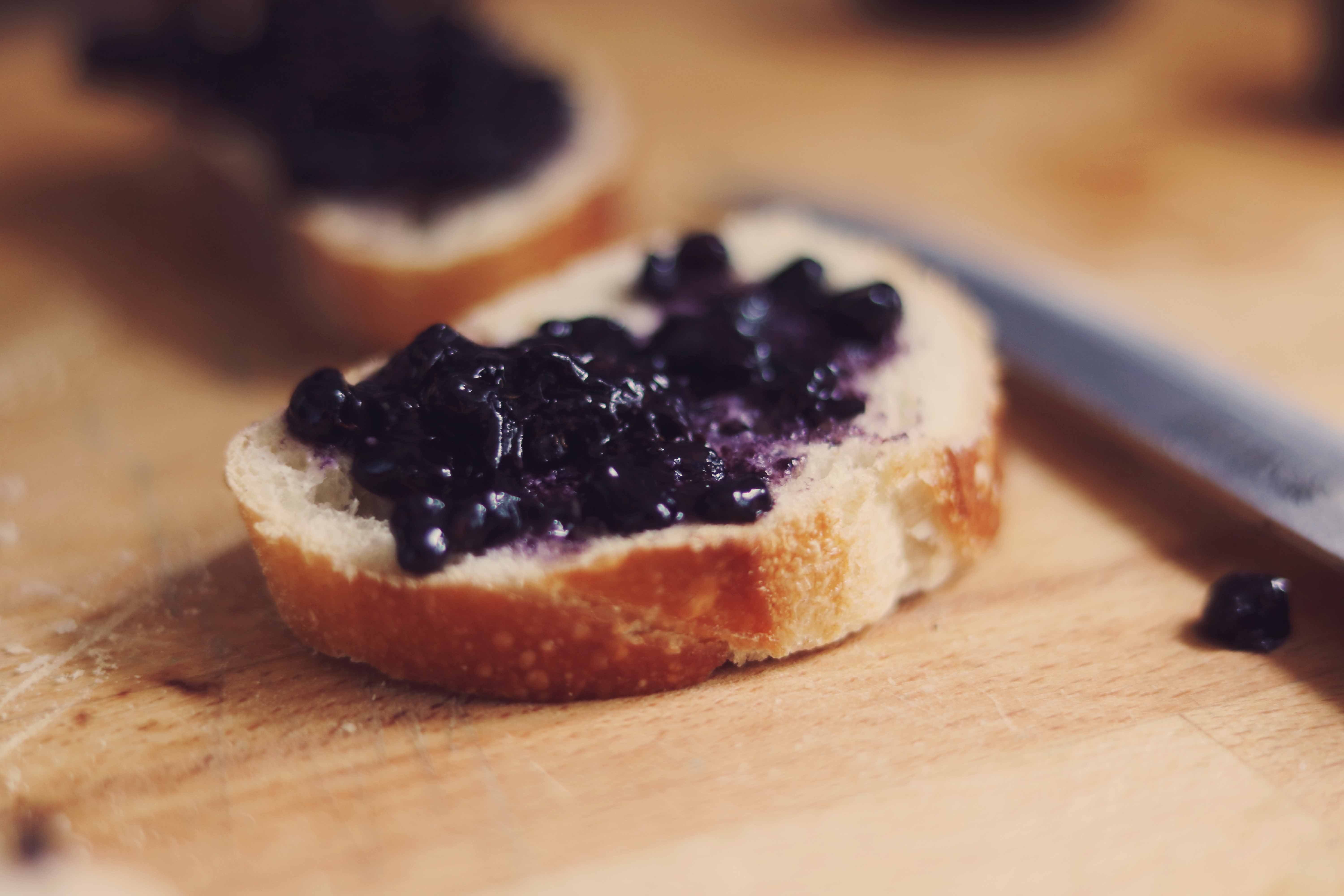 smashed blackberries on bruschetta