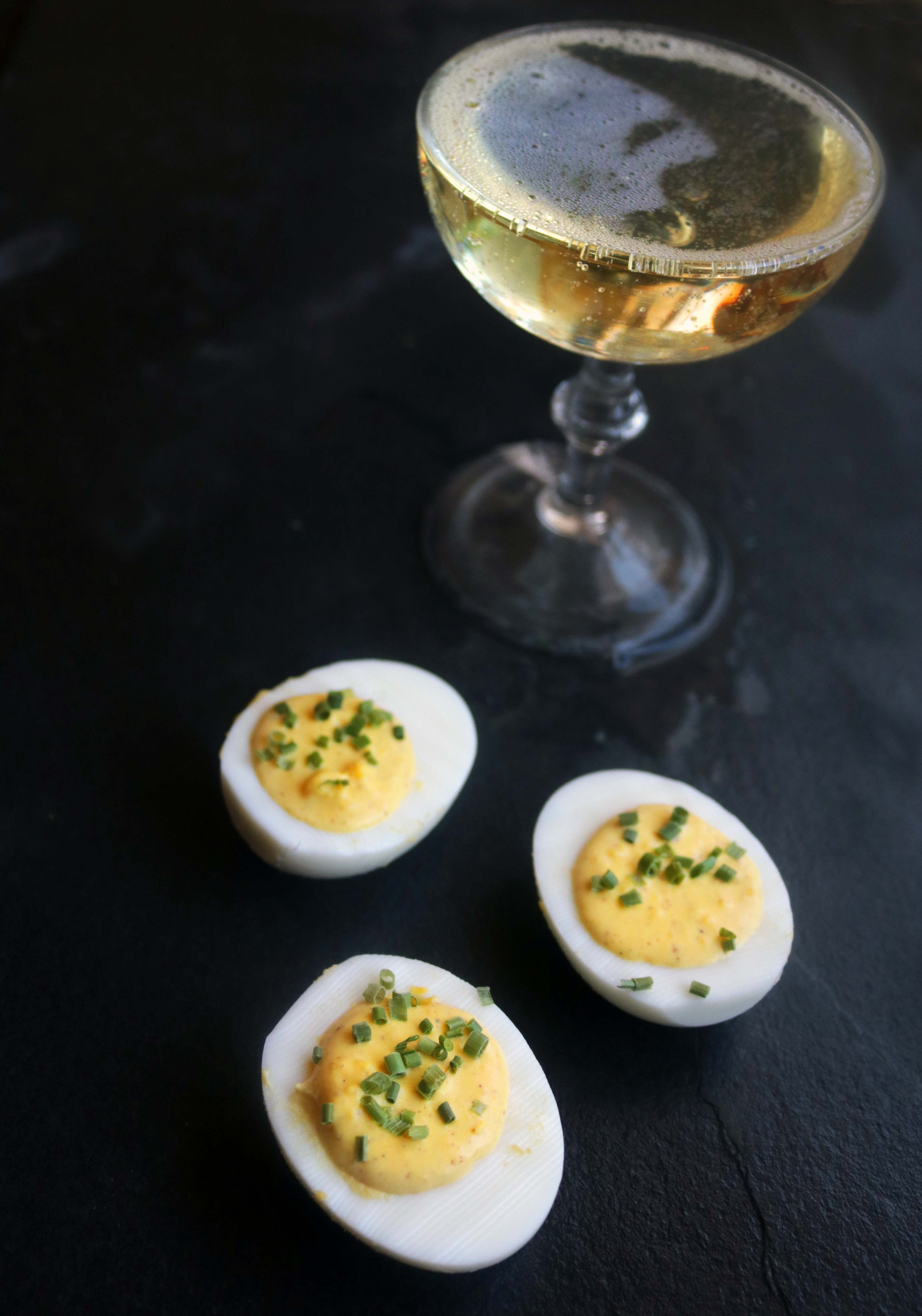 Recipe for champagne deviled eggs. Perfect for Easter, Ostara or spring festivities.