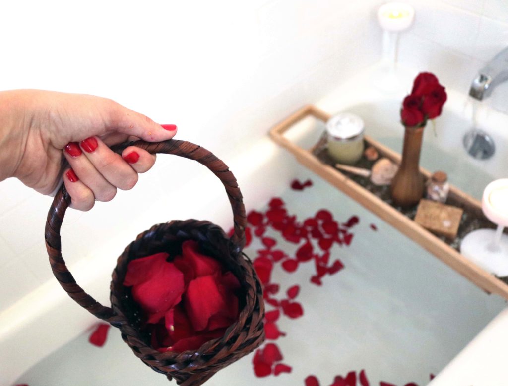 A basket of flowers ready to be tossed in bathwater.