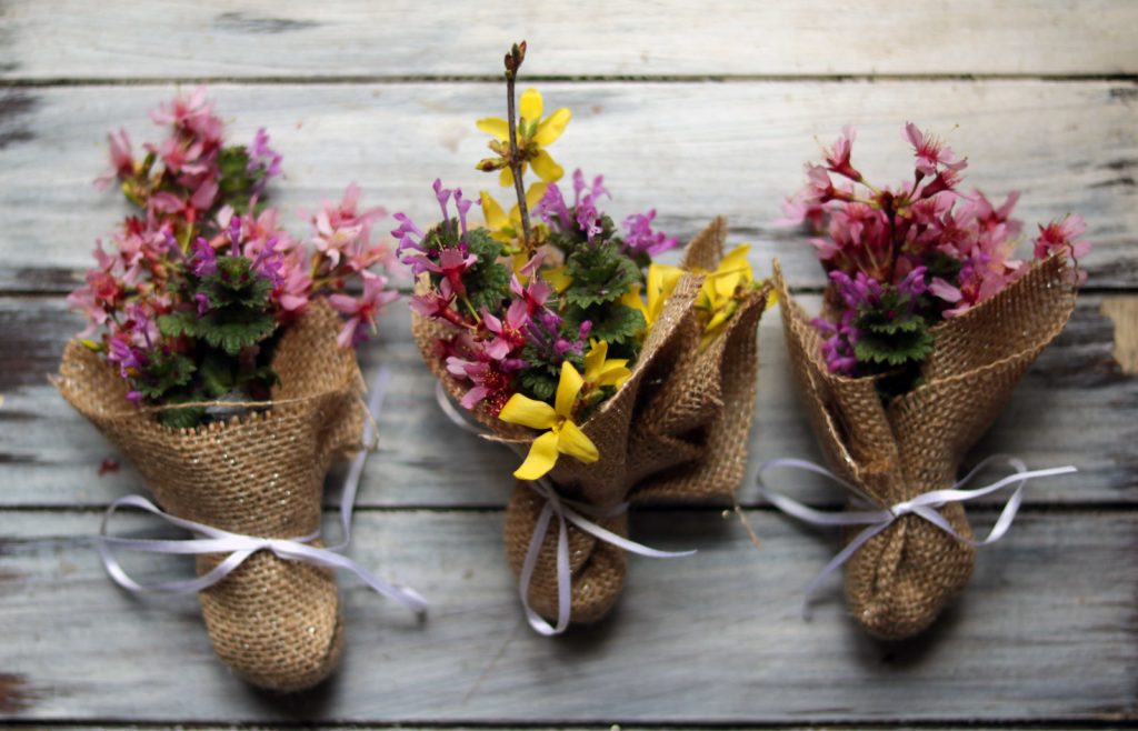 Three little mini wildflower bouquets. Would make lovely party favors for an Ostara ritual or spring handfasting or pagan wedding.