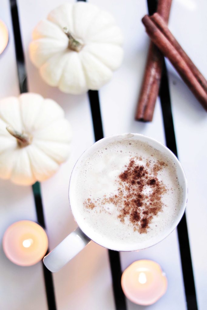 White pumpkin cinderella latte recipe with coconut whipped cream.