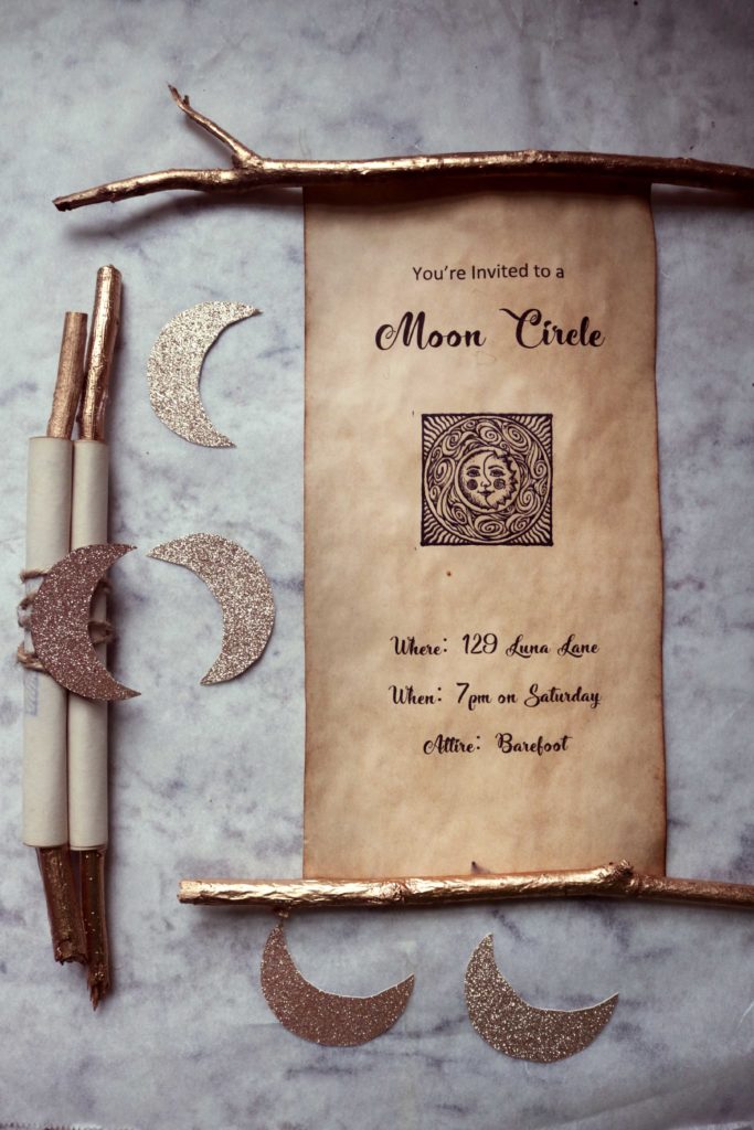 Moon circle spell scroll invitations for a full moon party, esbat or women's moon circle.