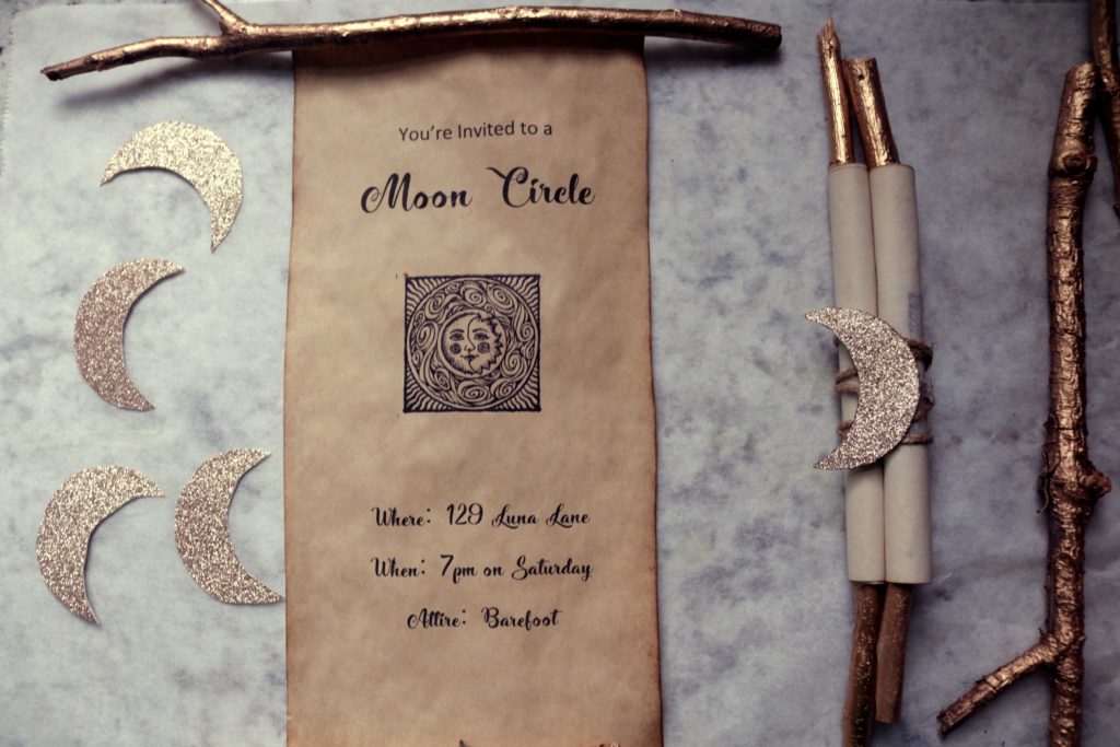 Women's moon circle party spell scroll invitations. An easy DIY craft to get a moon circle or new coven off the ground.