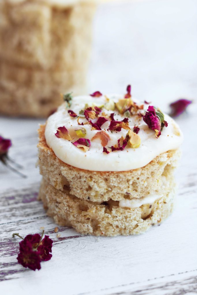 Spring Equinox Rose & Pistachio Fairy Cakes with Lemon Butter Cream Frosting.