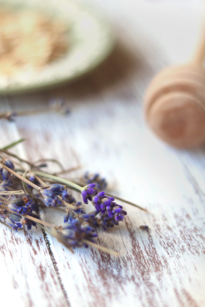 Ground lavender flowers make a lovely addition to this honey & oat milk bath.