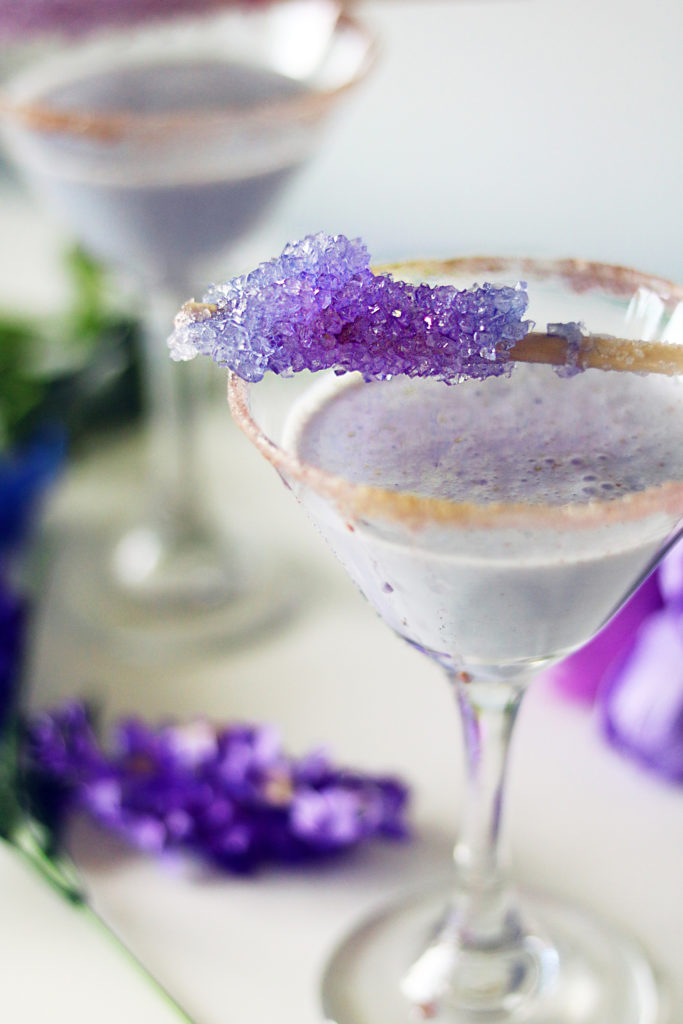 Gemstone inspired cocktail recipe with homemade rock candy made to look like amethyst. 